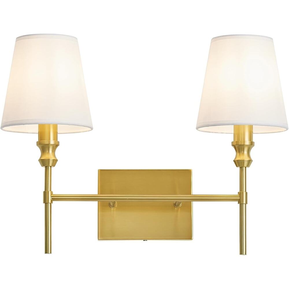 2-Light Brushed Brass Bathroom Vanity Light with White Fabric Shades - Picture 4 of 5